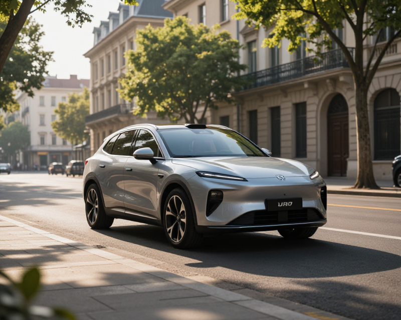 Modern Electric Vehicle in European Cityscape