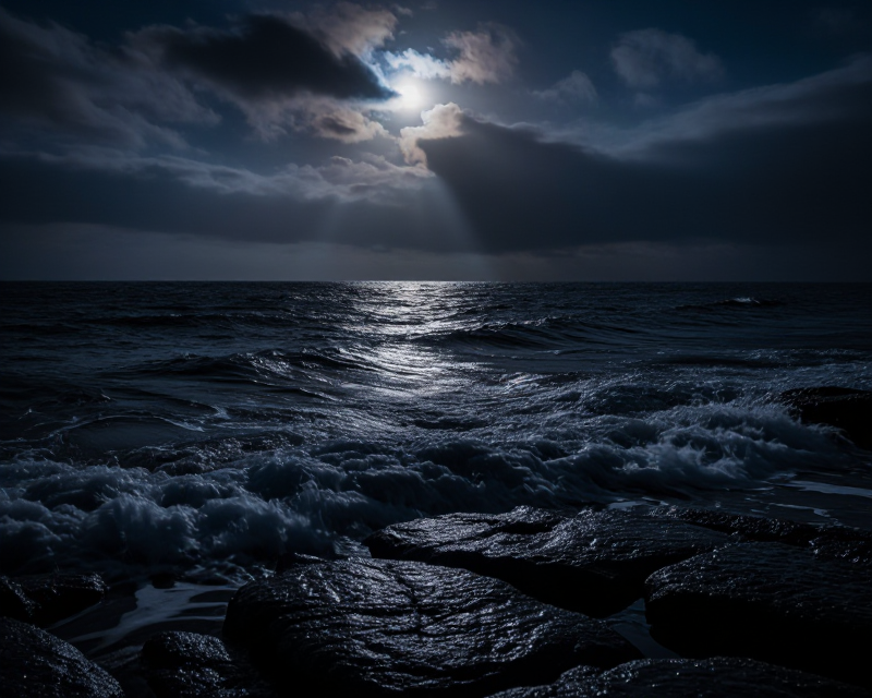 Dramatic Night Sea with Light Streak